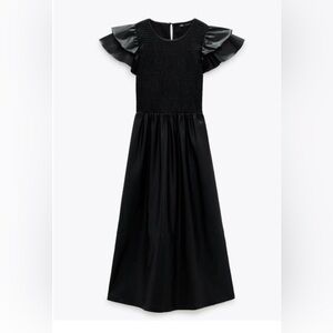 Zara Faux Leather Smocked Top Dress Black Midi